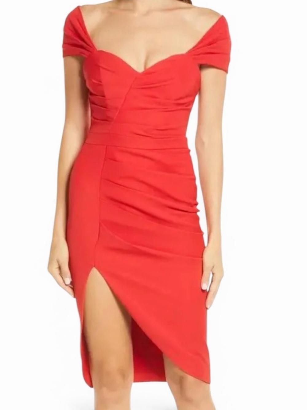 NWT Lavish Alice Pleated Bardot Midi Dress Red 12 Large Slit Off the Shoulder - Picture 9 of 9